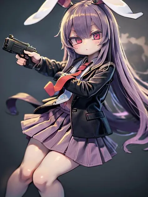masterpiece, best quality, <lora:reisen:1>,1girl,reisen udongein inaba, purple hair,very long hair, rabbit ears, red eyes,black jacket,open jacket,necktie,white shirt,pink skirt,glock17, holding pistol,<lora:glock17:0.5>