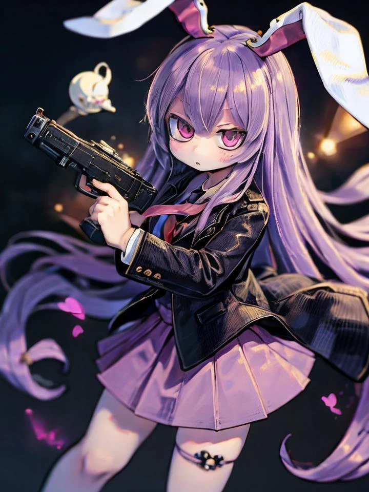 masterpiece, best quality, <lora:reisen:1>,1girl,reisen udongein inaba, purple hair,very long hair, rabbit ears, red eyes,black jacket,open jacket,necktie,white shirt,pink skirt,glock17,handguns,holding pistol,<lora:glock17:0.6> <lyco:BetterGuns-V1:0.6>