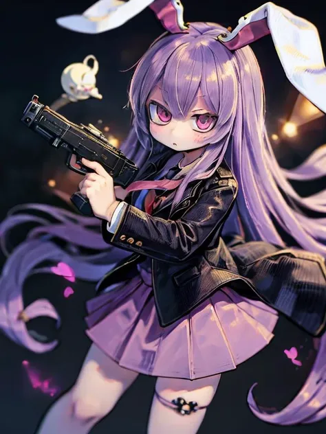 masterpiece, best quality, <lora:reisen:1>,1girl,reisen udongein inaba, purple hair,very long hair, rabbit ears, red eyes,black jacket,open jacket,necktie,white shirt,pink skirt,glock17,handguns,holding pistol,<lora:glock17:0.6> <lyco:BetterGuns-V1:0.6>