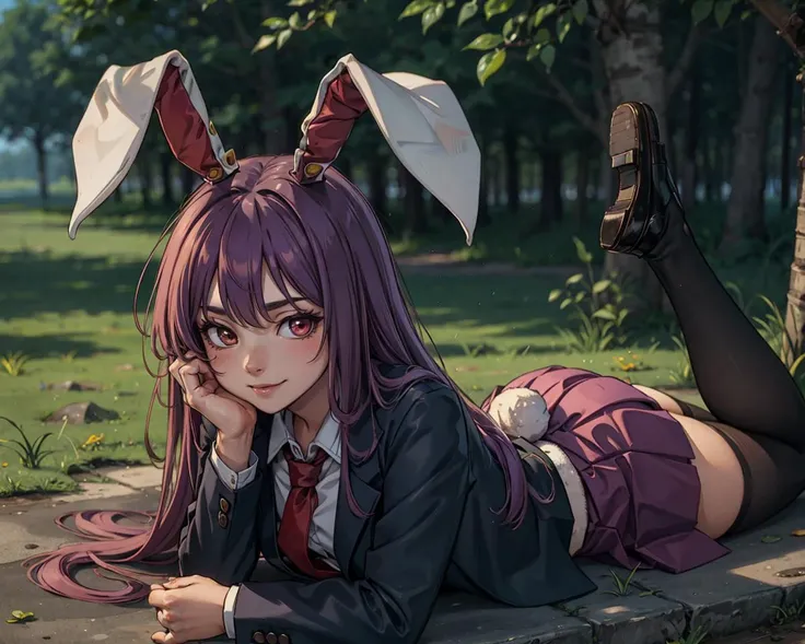 <lora:reisen:1>, 1girl, animal ears, bangs, black footwear, blazer, blouse, blurry, blush, jacket, long hair, long sleeves, looking at viewer, lying, necktie, on stomach, pleated skirt, purple hair, rabbit ears, rabbit girl, rabbit tail, red eyes, reisen udongein inaba, shirt, shoes, skirt, smile, solo, thighhighs, very long hair, zettai ryouiki, Touhou