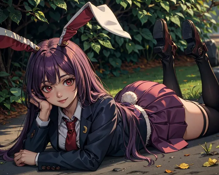 <lora:reisen:1>, 1girl, animal ears, bangs, black footwear, blazer, blouse, blurry, blush, danmaku, jacket, long hair, long sleeves, looking at viewer, lying, necktie, on stomach, pleated skirt, purple hair, rabbit ears, rabbit girl, rabbit tail, red eyes, reisen udongein inaba, shirt, shoes, skirt, smile, solo, tail, thighhighs, very long hair, white legwear, zettai ryouiki