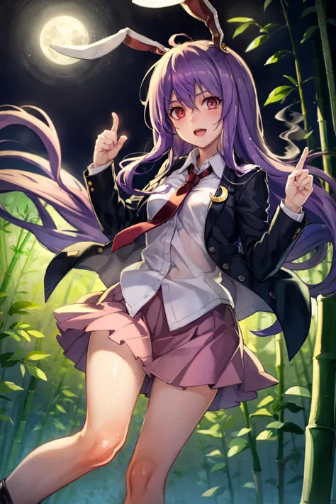 masterpiece, best quality, <lora:reisen:1>, <lora:style03:1>,1girl, reisen udongein inaba, long hair, skirt, moon, animal ears, solo, bamboo, rabbit ears, jacket, red eyes, necktie, shirt, black footwear, long sleeves, night, socks, very long hair, bamboo forest, pink skirt, red necktie, looking at viewer, purple hair, shoes, sky, white shirt, full moon, pleated skirt, bangs, night sky, smile, blazer, open clothes, black jacket, outdoors, white socks, forest, crescent, collared shirt, open jacket, breasts, finger gun, crescent pin, nature, star (sky), foot out of frame, medium breasts, buttons, closed mouth, hair between eyes, loafers, miniskirt, starry sky, cloud, hand up, light purple hair, smoke, open mouth, parted lips, blush
