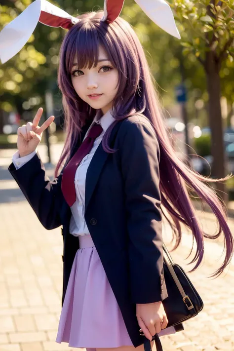 masterpiece, best quality, <lora:reisen:1>,,1girl,smile,reisen udongein inaba, purple hair,very long hair, rabbit ears, red eyes,black jacket,pink skirt,necktie,