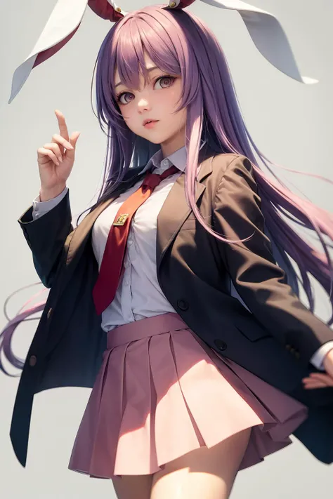 masterpiece, best quality, <lora:reisen:1>,1girl,reisen udongein inaba, purple hair,very long hair, rabbit ears, red eyes,black jacket,open jacket,necktie,white shirt,pink skirt,grey background,