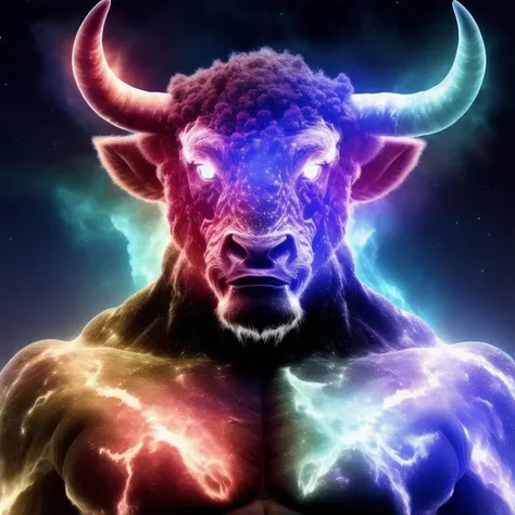raw photo of buff galaxy minotaur made of nebula, keyframe, very very detailed, cyber, global illumination
