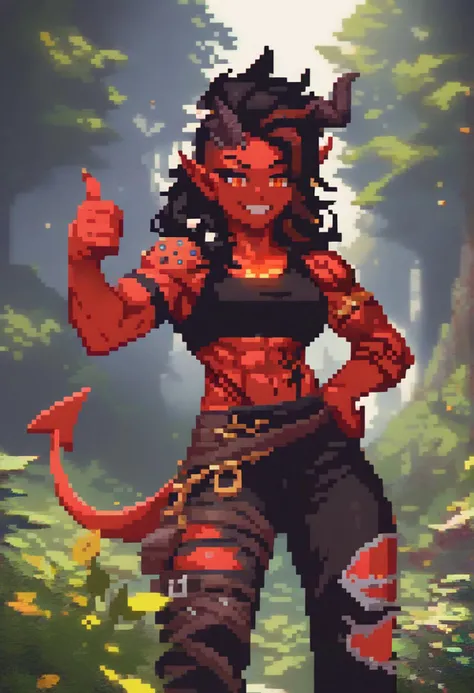 <lora:sakuemonq-000011:1>, score_9, score_8_up, score_7_up, 1girl, karlachbg3, demon girl, colored skin, slit pupils, tattoo, scars, muscular, toned, eyes closed, crop top, black pants, torn pants, forest, hands on hips, smiling, thumbs up, joyful