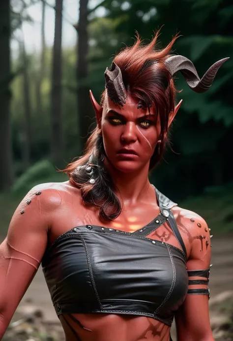 score_8_up, score_9, score_7_up, realistic, Realistic, photo, irl, 1girl, karlach, red skin, dynamic pose, depth of field, blurry background, full face, closer, upper body, (small mouth), forest, small nose, horns, angry, KarlachBG3, demon girl, colored skin, slit pupils, crop top, black pants, torn pants, Yellow eyes, muscular, toned, scars, wielding axe