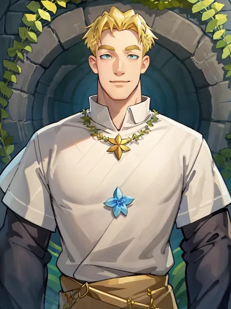 popovich, solo, serious look, short hair, blonde hair, 1boy, thick eyebrows, SLE <lora:popovich-20:0.5>
happy, smile, closed mouth, blue flower vines, gems, gold accessory