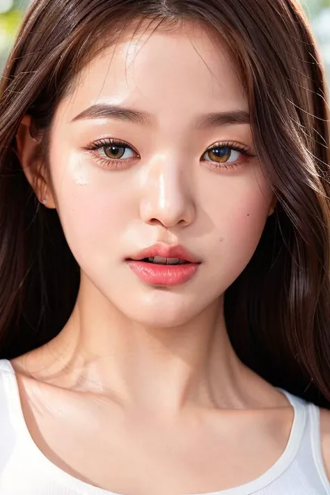 Nikon RAW photo,8 k,Fujifilm XT3,masterpiece, best quality, realistic, photorealistic,ultra detailed,1girl,solo, close up portrait, workout, sweating, confident expression, fit body, gym equipment, energy, jwy1, <lora:jangWonYoung_jwyV10:1>, jwy,
