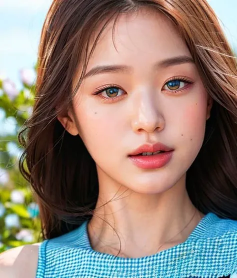 Nikon RAW photo,8 k,Fujifilm XT3,masterpiece, best quality, realistic, photorealistic,ultra detailed,1girl,solo, close up portrait, standing, beautiful blue sky,serene expression, luxury red dress, surrounded by a sea of grass, jwy1, <lora:jangWonYoung_jwyV10:1>