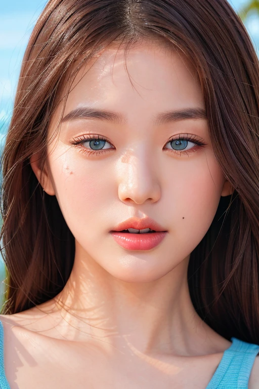 jwy1, perfect eyes, best quality, standing, pose,sexy,masterpiece, nikon RAW photo,8 k,Fujifilm XT3,masterpiece, best quality, realistic, photorealistic,ultra detailed,extremely detailed face, solo,1girl, blue sky,beach,sport, <lora:jangWonYoung_jwyV10:1>