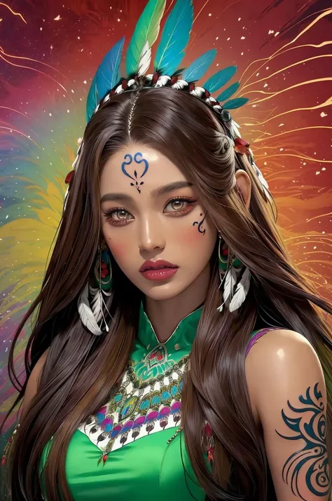 a painting, a psychedelic portrait of a stunning north american indian,(awesome face tattoos:1.2), in a sioux dress, (elaborate epic headdress), front page of art station, video game characters designs, vibrantly colored, (tan skin:1.1), dark skin,colorful flowing hair, header, AbsinthePunk setting (masterpiece:1.2) (best quality) (detailed) (intricate)
<lora:ivewonyoung-v3:0.9>