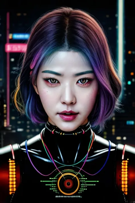 snthwve style, (bldrnrst:1.1), sfw, jwy1, RAW photo, a cyborg woman with rainbow colored hair, complex background, wires and circuity, burnt fuse, (in the style of Gregory Stoffel), cybernetic, (neon light:0.3), cyberpunk art, computer art, akira cgi stills, 35mm film scan, 8mm film grain, 8k