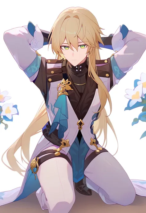score_9,luocha \(honkai star rail\),1boy,male focus,black shirt,long sleeves,white coat,solo,black gloves,closed mouth,bishounenkneeling, arms behind head, seiza,solo,looking at viewer,flower,full body,simple background,white background,score_9,<lora:pony_char_luocha_(honkai_star_rail)-000045:1>