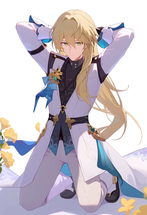 score_9,kneeling, arms behind head, seiza,solo,looking at viewer,flower,full body,simple background,white background,score_9,luocha \(honkai star rail\),1boy,male focus,black shirt,long sleeves,white coat,solo,black gloves,closed mouth,bishounen,<lora:pony_char_luocha_(honkai_star_rail)-000045:1>