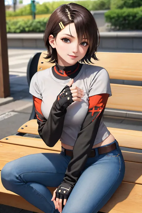 (masterpiece, best quality:1.2), solo, 1girl, jsrcube, smile, looking at viewer, sitting, bench, hairclip, grey shirt, short over long sleeves, fingerless gloves, jeans, belt <lora:jetsetradio_cube-09:1>