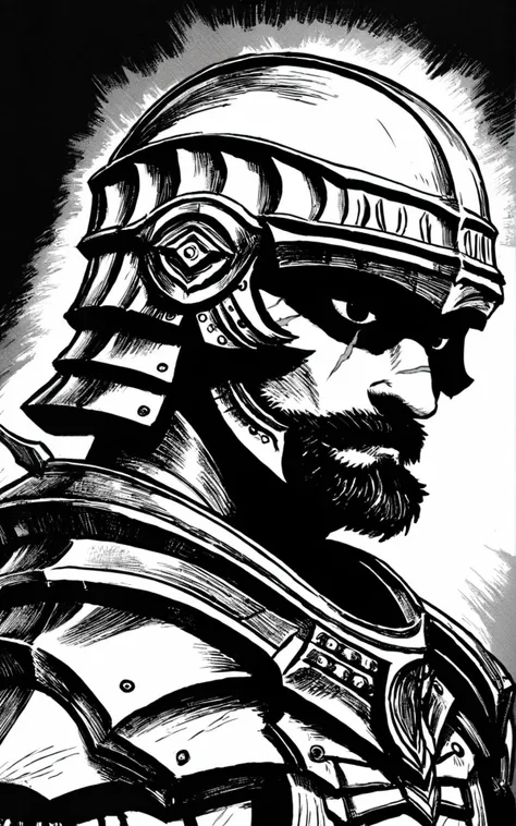 score_9, score_8_up, score_7_up,((best quality)), absurdres, <lora:BerserkStyle:0.8>,greyscale, monochrome, armor, male ,armor,, black hair, scars, helmet,  beard, black eyes, scar in face