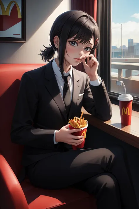 (masterpiece, best quality),  intricate details,
1girl,   <lora:csm_higashiyamakobeni-12:0.8> kobenidef, short ponytail, hairclip, formal, suit, black necktie, long sleeves, black pants, 
indoors, mcdonalds, fast food, hamburger, french fries, sitting at booth,