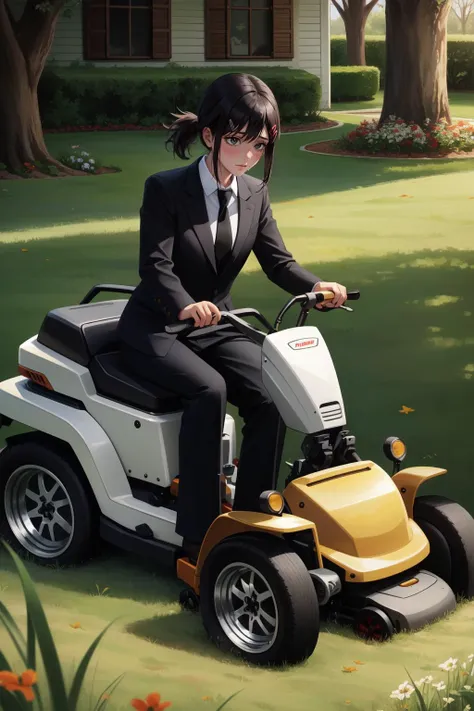 (masterpiece, best quality),  intricate details,
1girl,   <lora:csm_higashiyamakobeni-12:0.8> kobenidef, short ponytail, hairclip, formal, suit, black necktie, long sleeves, black pants, 
outdoors, grass, mowing the yard, riding lawnmower, sweating, (lawnmower:1.2),