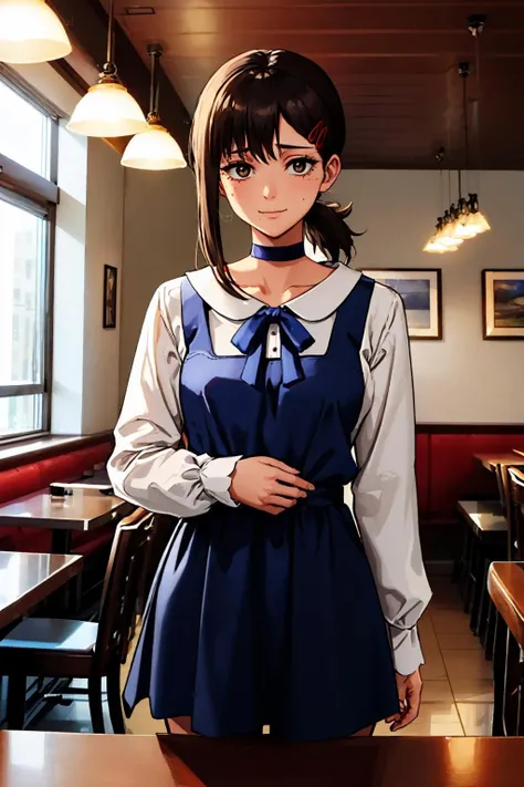 (masterpiece, best quality:1.2), kobenicasual, slight smile, looking at viewer, standing, short ponytail, hairclip, pinafore dress, white shirt, ribbon, long sleeves, choker, indoors, restaurant <lora:csm_higashiyamakobeni-12:1>