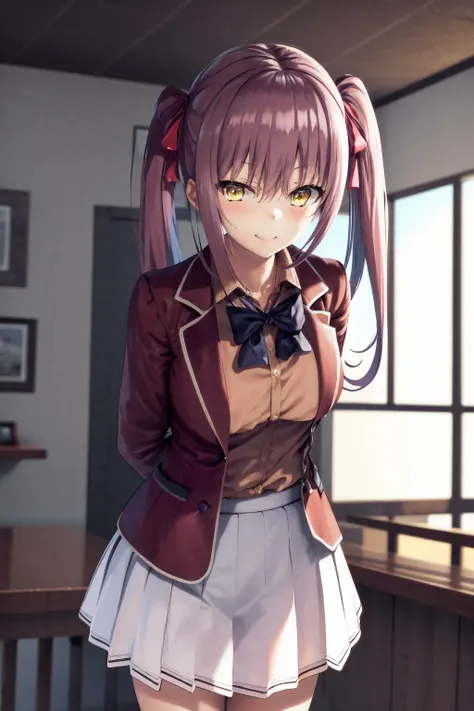 masterpiece, best quality, highres, 1girl amasawa ichika yellow eyes purple hair twintail, white skirt <lora:amasawa_ichika:1> leaning forward, arms behind back