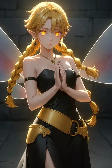 Hyperrealistic, Masterpiece, Volumetric Lighting, Subsurface Scattering, Photorealistic, best quality, intricate details, tonemapping, sharp focus, hyper detailed, absurdres, highres, Ethereal beauty, <lora:Ramiris:0.7>, fairy, black dress, strapless dress, blonde hair, twin braids, long braids, gold belt, black armguards, armlets, yellow eyes, (fairy wings), black earrings,  BREAK,  otherworldly hues, intricate costumes, fantastical creatures, magical props, lavish details, sweeping vistas, embellished architecture, surreal lighting, cinematic composition, BREAK, looking at viewer, BREAK, (beautiful ethereal glowing eyes:1.6), extremely detailed face, (Perfect Anatomy, perfect hands), Unreal Engine 5, Hyper realism, Hyperdetailed, Vibrant Colors, Raytraced, Dynamic Lights and Shadows, Depth, Masterpiece, Award Winning, Intricate Detail, Design, 8k, Wide Angle Shot,