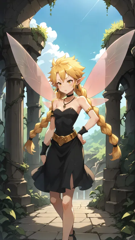 score_9,score_8_up,score_7_up,score_6_up, source_anime, zPDXL, girl, fairy, blonde hair, twin braids, yellow eyes, black dress, pink wings, gold belt, black armguards, armlets, black earrings, strapless, necklace, short dress, <lora:Wakfu_CartoonV02:0.5>, <lora:xl_more_art-full_v1:0.5>,  <lora:Ramiris - Pony-000004:0.8>, arms at her side, dungeon, overgrown, ruins, vines, arch, pillar,