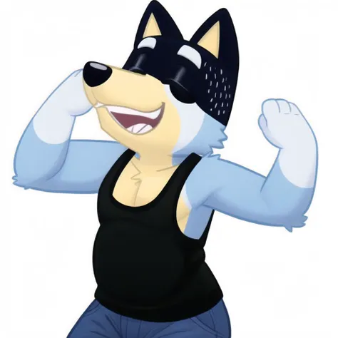 masterpiece, best quality, <lora:detailed_eye:1>, <lora:GoodHands-vanilla:1>, <lora:tangbohu-detailmaker_v2.5:1>, <lora:BanditHeelerFRL27nO:1>, bandit heeler, wearing black tanktop, wearing jeans,blue body, yellow torso, twitchemote, happy, dog, snout, eyelids, cool, detailed, laughing, white background, <lora:EmoteMakerLora:1>, dancing, perfect teeth