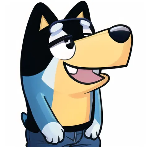 masterpiece, best quality, <lora:detailed_eye:1>, <lora:GoodHands-vanilla:1>, <lora:tangbohu-detailmaker_v2.5:1>, <lora:BanditHeelerFRL27nO:1>, bandit heeler, wearing black tanktop, wearing jeans,blue body, yellow torso, twitchemote, happy, dog, snout, eyelids, cool, detailed, laughing, white background, <lora:EmoteMakerLora:1>, smiling