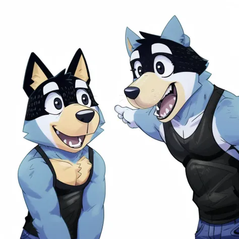 masterpiece, best quality,  <lora:detailed_eye:1>, <lora:GoodHands-vanilla:1>, <lora:tangbohu-detailmaker_v2.5:1>,  <lora:BanditHeelerFRL27nO:1>, bandit heeler, wearing black tanktop, wearing jeans,blue body, yellow torso, twitchemote, happy, dog, snout, eyelids, cool, detailed, laughing, white background,    <lora:meme:1>, soyjaks, duo, pointing, open mouth, :o
