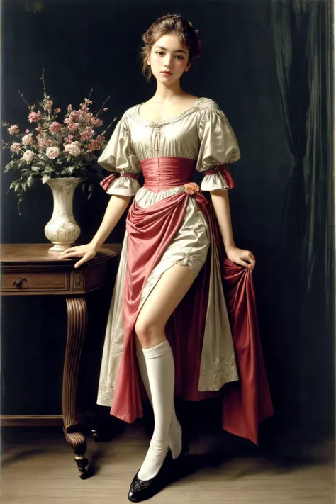 1girl, style of John Singer Sargent, photo art, (flower:1.2), flustered, blush, highly detailed, skinny, looking at viewer, knee, (full body:1.2), <lora:add_detail:0.7>,