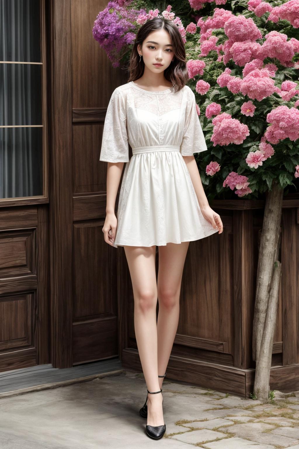 A woman standing in front of a flowered building wearing a white dress ...