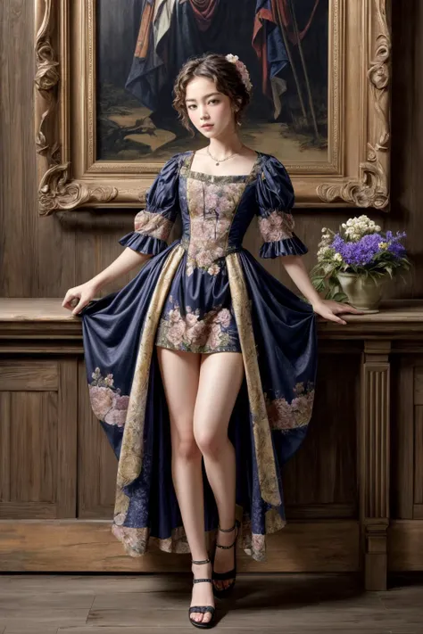 1girl, style of Adriaen van Ostade, photo art, (flower:1.2), flustered, blush, highly detailed, skinny, looking at viewer, knee, (full body:1.2), <lora:add_detail:0.7>,
