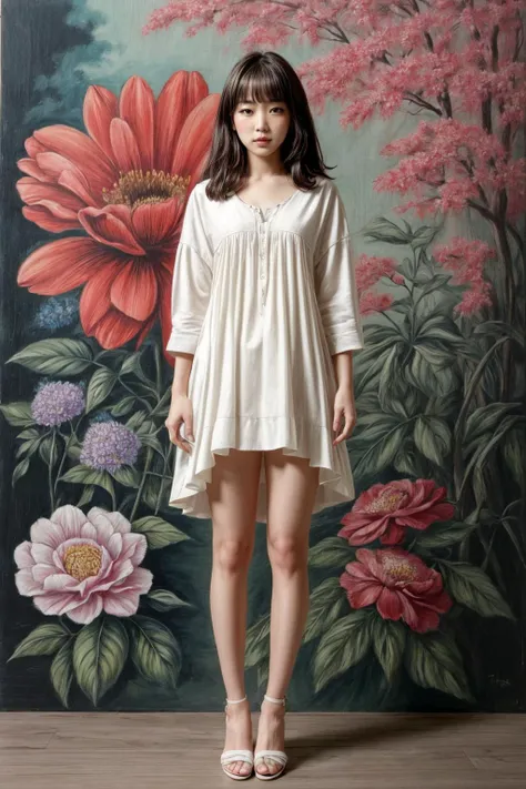 1girl, style of David Choe, photo art, (flower:1.2), flustered, blush, highly detailed, skinny, looking at viewer, knee, (full body:1.2), <lora:add_detail:0.7>,