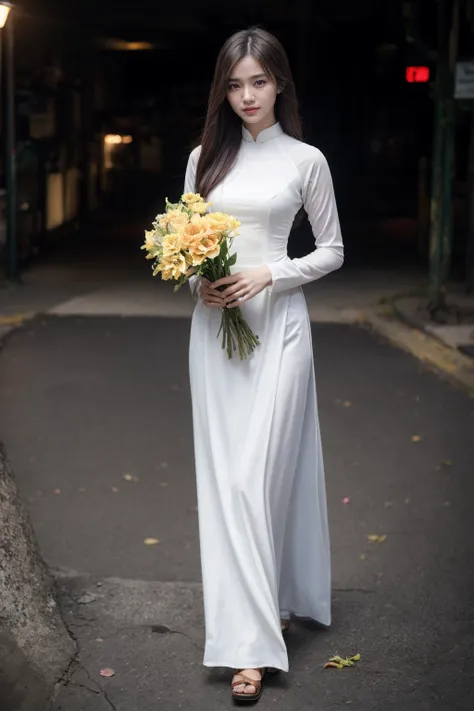 1girl, aodai, photo art, (flower:1.2),<lora:aodai_SD_chiasedamme_v02:0.7>, a stunning photo with beautiful saturation, ultra high res,(realistic:1.4)),deep shadow,(best quality, masterpiece), pale skin, dimly lit, shade, flustered, blush, highly detailed, skinny, BREAK depth of field, film grain, wrinkled skin, looking at viewer, knee, warm smile, (full body:1.2), masterpiece,ultra realistic,32k,extremely detailed CG unity 8k wallpaper, best quality