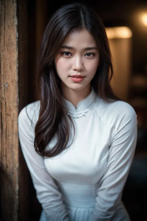 1girl, aodai, photo art, (flower:1.2),<lora:aodai_SD_chiasedamme_v02:0.7>, a stunning photo with beautiful saturation, ultra high res,(realistic:1.4)),deep shadow,(best quality, masterpiece), pale skin, dimly lit, shade, flustered, blush, highly detailed, skinny, BREAK depth of field, film grain, wrinkled skin, looking at viewer, knee, warm smile, (upper body:1.2), masterpiece,ultra realistic,32k,extremely detailed CG unity 8k wallpaper, best quality