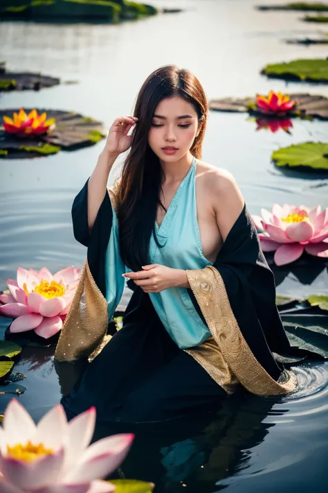 aoyem, The woman's beauty can be enhanced by the reflection of the lotus flowers in the water. The vibrant colors of the lotus flowers can also add to the beauty of the scene, creating a harmonious blend of colors, RAW photo,(high detailed skin:1.2), 8k uhd, dslr, soft lighting, high quality, film grain, photorealistic, 
 <lora:aoyem_SDLife_chiasedamme_v01:0.6>