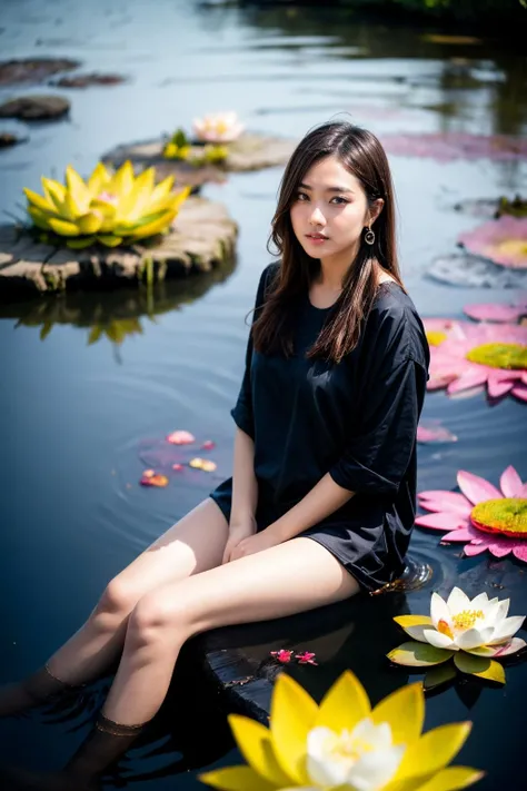 aoyem, (brown shirt), The woman's beauty can be enhanced by the reflection of the lotus flowers in the water. The vibrant colors of the lotus flowers can also add to the beauty of the scene, creating a harmonious blend of colors, RAW photo,(high detailed skin:1.2), 8k uhd, dslr, soft lighting, high quality, film grain, photorealistic, 
 <lora:aoyem_SDLife_chiasedamme_v01:0.68> <lora:add_detail:0.3>  <lora:more_details:0.3>