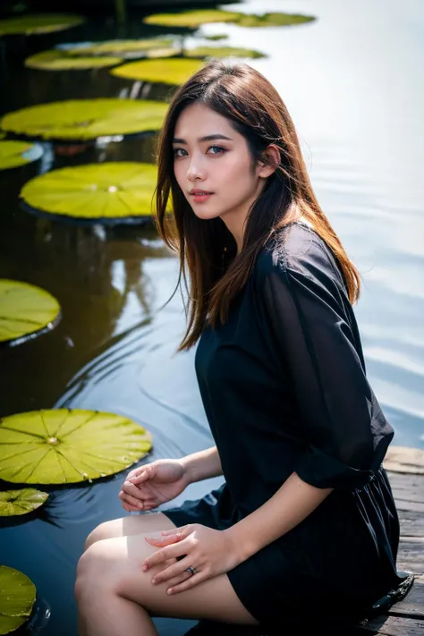 aoyem, (brown shirt), The woman's beauty can be enhanced by the reflection of the lotus flowers in the water. The vibrant colors of the lotus flowers can also add to the beauty of the scene, creating a harmonious blend of colors, RAW photo,(high detailed skin:1.2), 8k uhd, dslr, soft lighting, high quality, film grain, photorealistic, photo art, flower, a stunning photo with beautiful saturation, ultra high res,(realistic:1.4)),deep shadow,(best quality, masterpiece), pale skin, dimly lit, shade, flustered, blush, highly detailed, skinny, BREAK depth of field, film grain, wrinkled skin, looking at viewer, knee, warm smile, masterpiece,ultra realistic,32k,extremely detailed CG unity 8k wallpaper, best quality
<lora:aoyem_SDLife_chiasedamme_v01:0.82> <lora:add_detail:0.2> <lora:more_details:0.2>