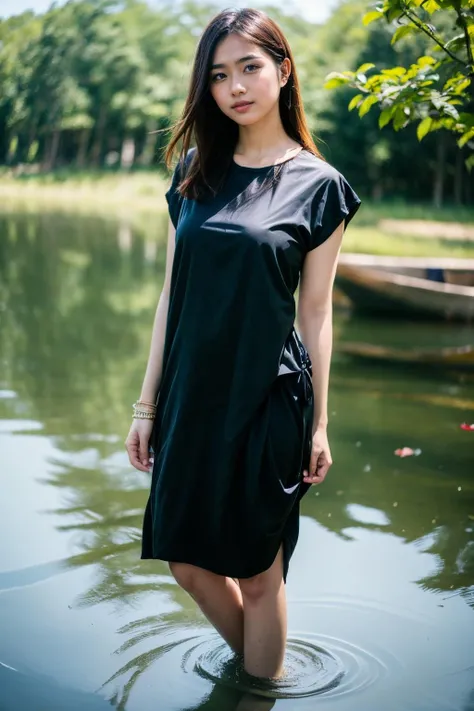 aoyem, (brown shirt), The woman's beauty can be enhanced by the reflection of the lotus flowers in the water. The vibrant colors of the lotus flowers can also add to the beauty of the scene, creating a harmonious blend of colors, RAW photo,(high detailed skin:1.2), 8k uhd, dslr, soft lighting, high quality, film grain, photorealistic, photo art, flower, a stunning photo with beautiful saturation, ultra high res,(realistic:1.4)),deep shadow,(best quality, masterpiece), pale skin, dimly lit, shade, flustered, blush, highly detailed, skinny, BREAK depth of field, film grain, wrinkled skin, looking at viewer, knee, warm smile, (full body), masterpiece,ultra realistic,32k,extremely detailed CG unity 8k wallpaper, best quality
 <lora:aoyem_SDLife_chiasedamme_v01:0.75> <lora:add_detail:0.2>  <lora:more_details:0.2>