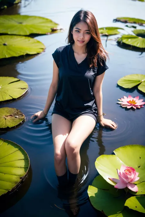 aoyem, (brown shirt), The woman's beauty can be enhanced by the reflection of the lotus flowers in the water. The vibrant colors of the lotus flowers can also add to the beauty of the scene, creating a harmonious blend of colors, RAW photo,(high detailed skin:1.2), 8k uhd, dslr, soft lighting, high quality, film grain, photorealistic, photo art, flower, a stunning photo with beautiful saturation, ultra high res,(realistic:1.4)),deep shadow,(best quality, masterpiece), pale skin, dimly lit, shade, flustered, blush, highly detailed, skinny, BREAK depth of field, film grain, wrinkled skin, looking at viewer, knee, warm smile, (full body), masterpiece,ultra realistic,32k,extremely detailed CG unity 8k wallpaper, best quality
<lora:aoyem_SDLife_chiasedamme_v01:0.75> <lora:add_detail:0.2> <lora:more_details:0.2>