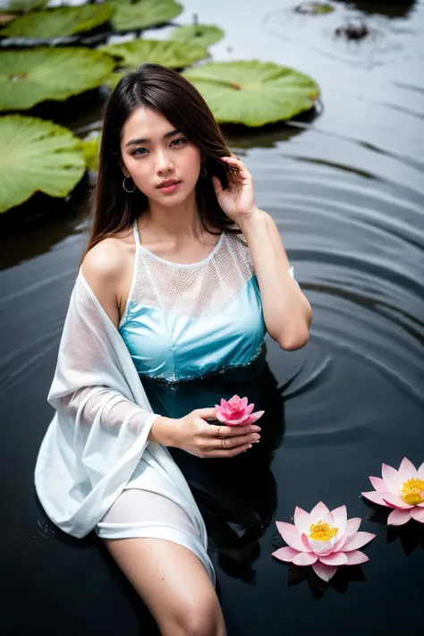 aoyem, (brown shirt), The woman's beauty can be enhanced by the reflection of the lotus flowers in the water. The vibrant colors of the lotus flowers can also add to the beauty of the scene, creating a harmonious blend of colors, RAW photo,(high detailed skin:1.2), 8k uhd, dslr, soft lighting, high quality, film grain, photorealistic, 
 <lora:aoyem_SDLife_chiasedamme_v01:0.68> <lora:add_detail:0.3>  <lora:more_details:0.3>