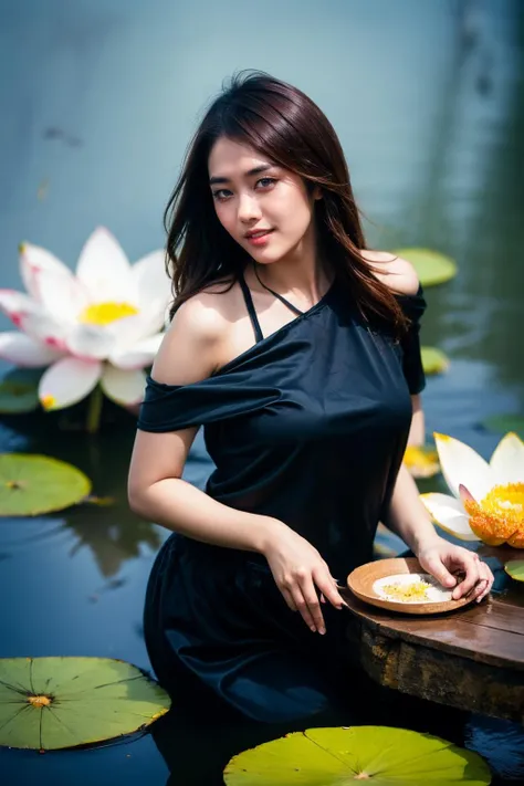 aoyem, (brown shirt), The woman's beauty can be enhanced by the reflection of the lotus flowers in the water. The vibrant colors of the lotus flowers can also add to the beauty of the scene, creating a harmonious blend of colors, RAW photo,(high detailed skin:1.2), 8k uhd, dslr, soft lighting, high quality, film grain, photorealistic, photo art, flower, a stunning photo with beautiful saturation, ultra high res,(realistic:1.4)),deep shadow,(best quality, masterpiece), pale skin, dimly lit, shade, flustered, blush, highly detailed, skinny, BREAK depth of field, film grain, wrinkled skin, looking at viewer, knee, warm smile, masterpiece,ultra realistic,32k,extremely detailed CG unity 8k wallpaper, best quality
<lora:aoyem_SDLife_chiasedamme_v01:0.82> <lora:add_detail:0.2> <lora:more_details:0.2>