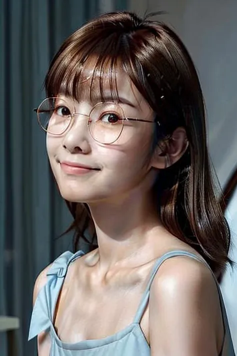 (realistic, photo-realistic:1.37), (medium shot:1.5), (low view:1.5), front view, (straight-on:1.5), 1girl, 18 year old, hong kong girl with (round eyewear), hkgirl, bangs,brown medium hair, Closed Mouth Smile, looking at finder, light blue off-shoulder dress, tiny tits, hotel room with windows,  lighting, 
<lora:HKGirlv2:0.8> 
<lora:HongKongDollLikeness:0.4> 
<lora:glasses:1>