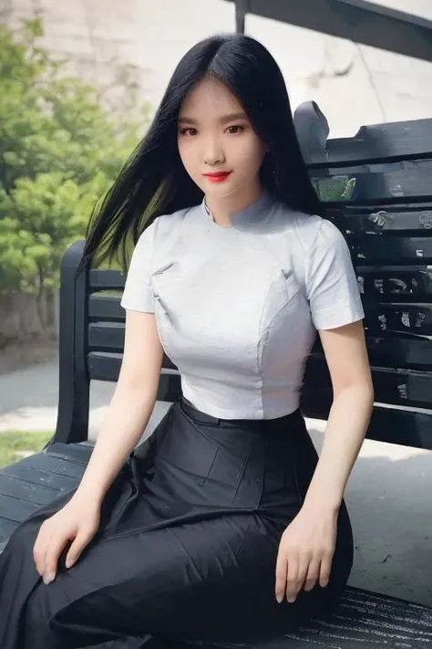 A beautiful Asian girl, wearing acmm ss outfit, wearing acmm top, light white acmm top, short sleeves, buttons, wearing acmm long skirt, Dark blue and Black with printed acmm long skirt, sitting on the bench, sharp focus, slim perfect body, detail beautiful smile, perfect round face, detail lovely eyes, double eyelids, detail blush nose, long black hair tided, white skin, streetview near river and mountain sunset, (masterpiece, top quanlity, hyper detail, photo-realistic, cinematic light 8k).