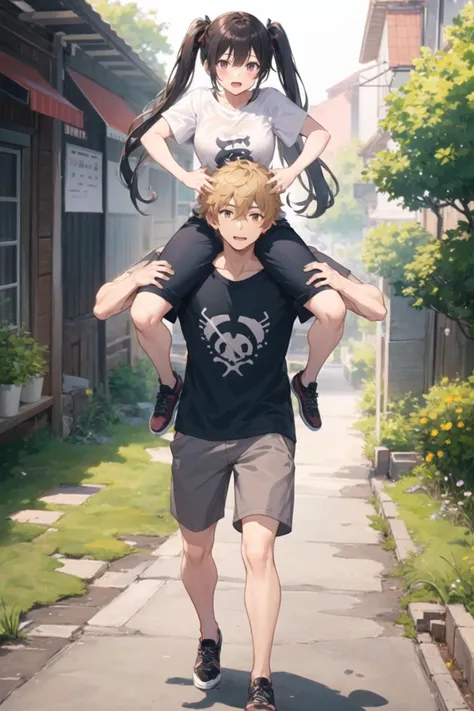 1girl, 1boy, casual clothes, t-shirt, twintails, long hair, short sleeves, carrying person, full body, outdoors, shoulder carry