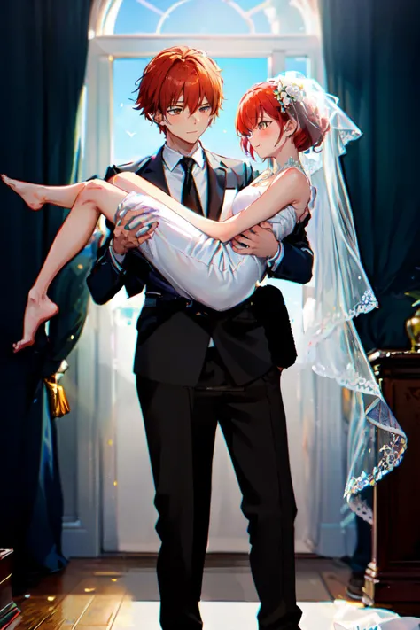 1boy,1girl,carrying person, full body, side view, girl carried with white hair wearing white wedding dress, boy carrying with red hair wearing black suit white tshirt black necktie black pants,