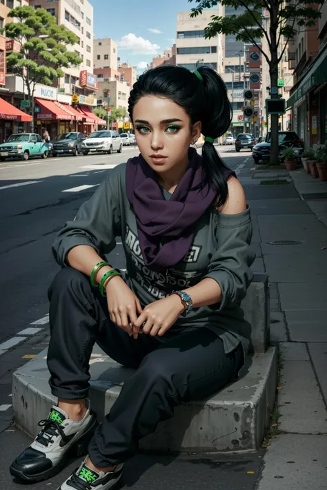 SitaraWatch, 1girl, solo, car, black hair, motor vehicle, photo background, ground vehicle, jewelry, sitting, scarf, bracelet, outdoors, long hair, green eyes, side ponytail, eyeshadow, lips, makeup
<lora:epi_noiseoffset2:1>, <lora:SitaraWatch:0.7>