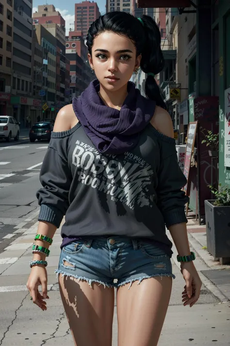 SitaraWatch, 1girl, solo, jewelry, shorts, black hair, bracelet, side ponytail, earrings, looking at viewer, scarf, denim, clothes writing, dark skin, lips, piercing, denim shorts, sweater, realistic, standing, english text, ring, cowboy shot, short shorts, fashion, casual
<lora:epi_noiseoffset2:1>, <lora:SitaraWatch:0.7>