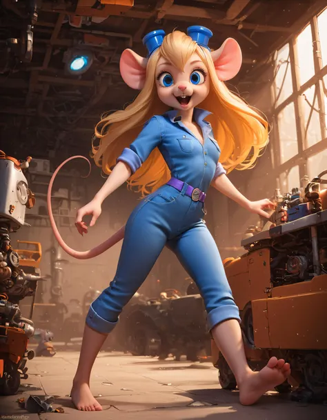 score_9, score_8_up, score_7_up, source_realistic, highly realistic, (absurd resolution), intricate details, zPDXL2, asymmetrical, concept art, raw photo,
1girl, tiny shrunken anthro mouse woman, gadget hackwrench, sparkling blue eyes, long blonde hair, open mouth, medium breasts, wearing blue denim jumpsuit with sleeves rolled up, welding goggles on head, barefoot, dynamic pose,
large mechanical workshop, mouse hole,
dynamic angle, cinematic lighting, detailed fur texture, detailed eyes, detailed background, volumetric lighting, subsurface scattering,
<lora:Expressive_H:1> Expressiveh, <lora:add-detail-xl:1> <lora:Beautiful_CAT_Pony:0.8> <lora:Gadget_-_Rescue_Rangers_PonyXL:0.6>